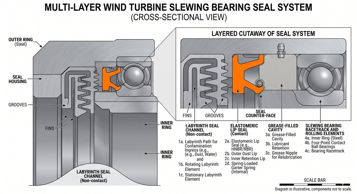 Multi-layer seal cross-section showing labyrinth seal and elastomeric lip seal configuration
