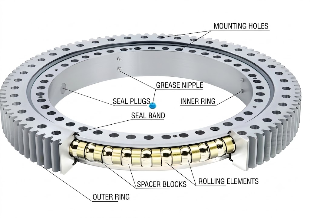 Slewing bearing cross-section diagram showing inner ring, outer ring, rolling elements, and gear teeth